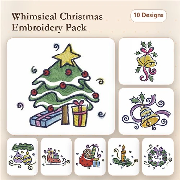 Christmas Tree & Santa Sleigh Embroidery Designs Bundle – Christmas Wreath, Christmas Gift, Snowman & More (10 Designs)