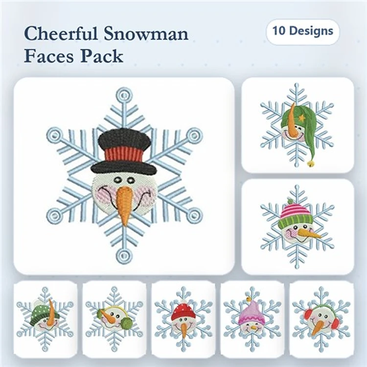 Snowman Embroidery Bundle – Snowman with Black Hat, Snowman with Red Hat, Snowman with Christmas Ornament & More (10 Designs)
