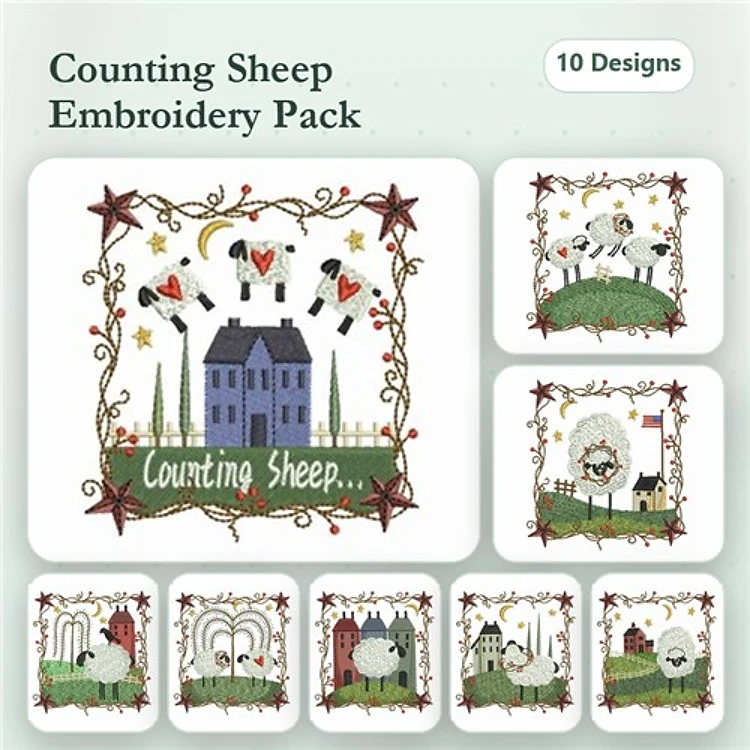 Farm Sheep Embroidery Bundle – Counting Sheep with House, Sheep in Field, Sleeping Sheep & More (10 Designs)