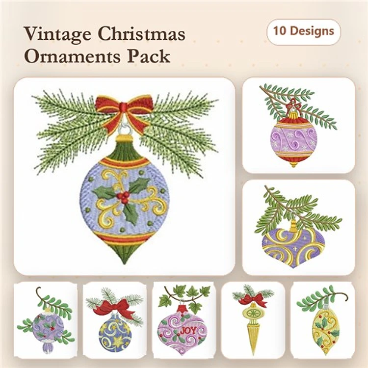 Christmas Ornament Embroidery Designs Bundle – Vintage Ornament with Bow, Purple Vintage Ornament, Red Ornament with Holly & More (10 Designs)