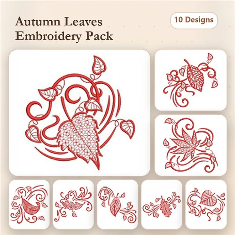 Redwork Autumn Leaves & Vines Embroidery Designs Bundle – Leaf with Vines, Swirling Leaves, Ornate Leaf Design & More (10 Designs)
