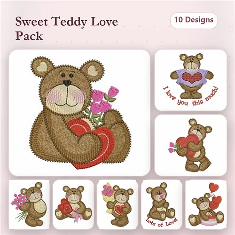 Teddy Bear Love Embroidery Designs Bundle – Teddy Bear with Heart, I Love You This Much Teddy, & More (10 Designs)