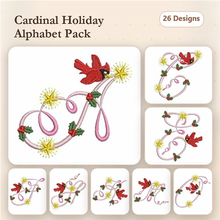 Cardinal Holiday Alphabet Embroidery Bundle – Cardinal with Stars and Holly, Cardinal Letter A, Cardinal Letter B & More (26 Designs)