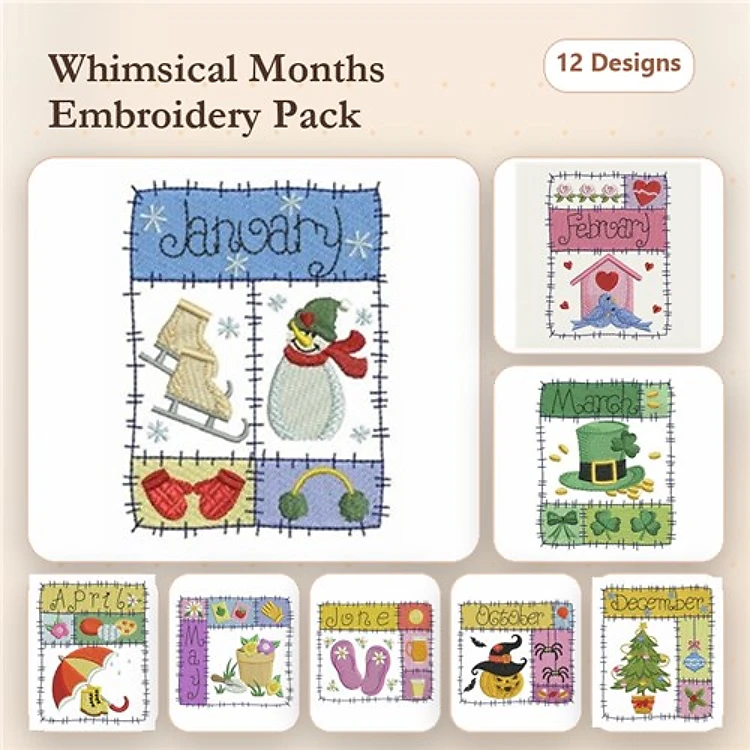 Whimsical Monthly Themes Embroidery Designs Bundle – January Snowman, February Hearts, March Bunny & More (12 Designs)