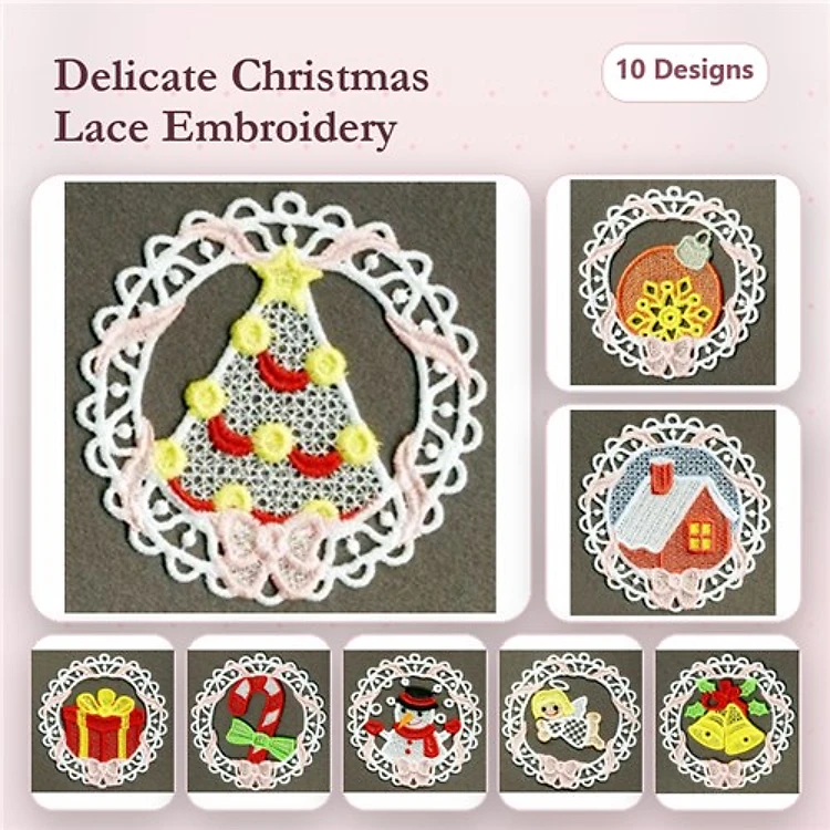 FSL Christmas Lace Ornaments Embroidery Designs Bundle – Christmas Tree, Santa Claus, Snowman & More (10 Designs)