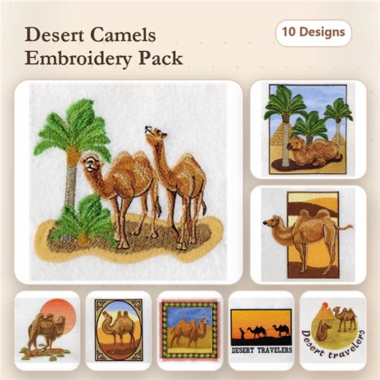 Desert Camels Embroidery Bundle – Two Camels with Palm Tree, Camel Silhouette, Camel with Sunset & More (10 Designs)