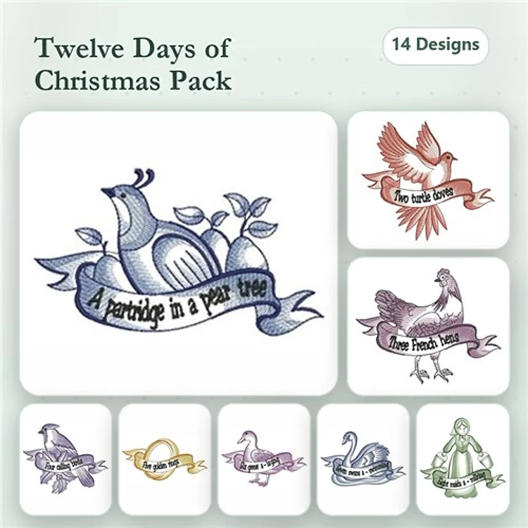 Twelve Days of Christmas Embroidery Designs Bundle – A Partridge in a Pear Tree, Two Turtle Doves, & More (14 Designs)