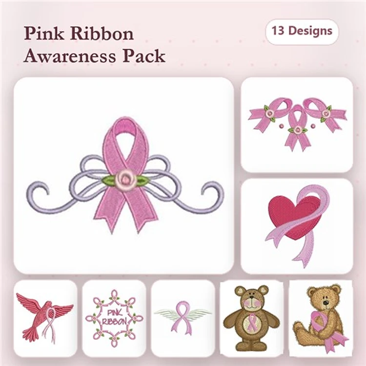 Pink Ribbon Awareness Embroidery Designs Bundle – Pink Ribbon with Swirls, Heart with Ribbon, Teddy Bear with Ribbon & More (13 Designs)