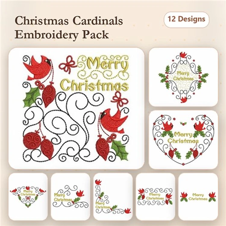 Christmas Cardinals Embroidery Designs Bundle – Cardinal with Holly, Merry Christmas with Cardinal, Heart with Cardinals & More (12 Designs)