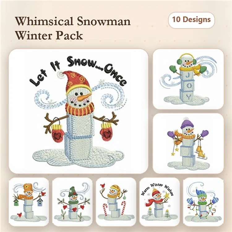 Snowman Embroidery Bundle – Snowman with Hat and Scarf, Snowman Holding a Sign, Snowman with Gifts & More (10 Designs)