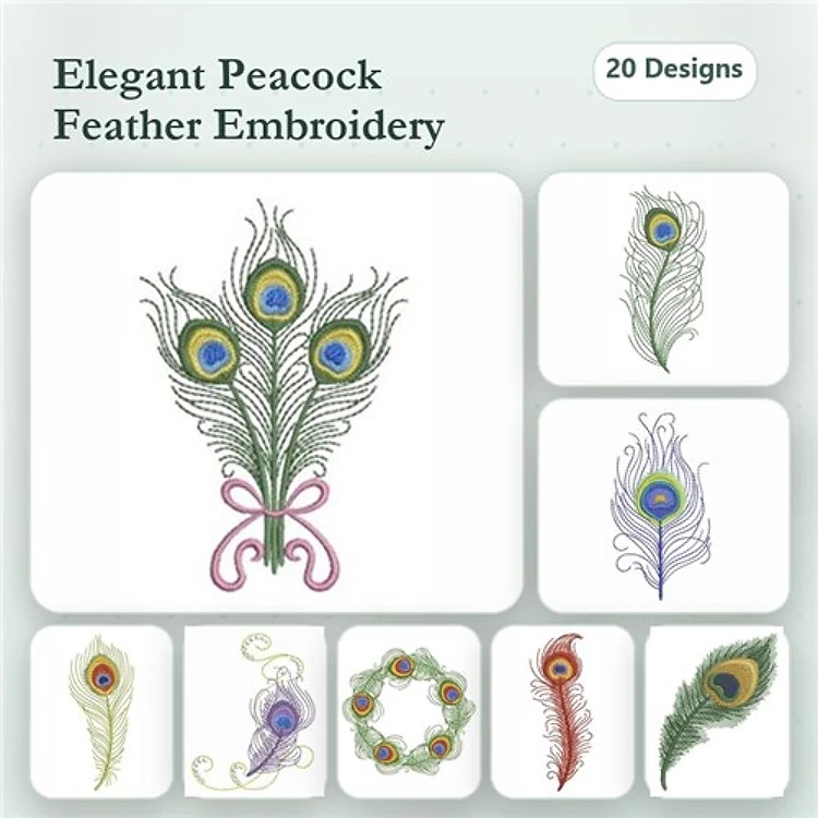 Peacock Feather Embroidery Designs Bundle – Elegant Feather Bouquet, Curly Feather, Decorative Swirl & More (20 Designs)
