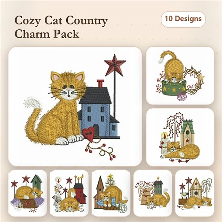 Cozy Cat Country Embroidery Designs Bundle – Orange Cat with House, Cat on Pumpkin, Cat in Garden & More (10 Designs)