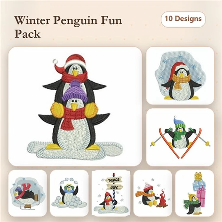 Penguins Embroidery Designs Bundle – Penguins with Scarves, Penguin with Christmas Hat, & More (10 Designs)