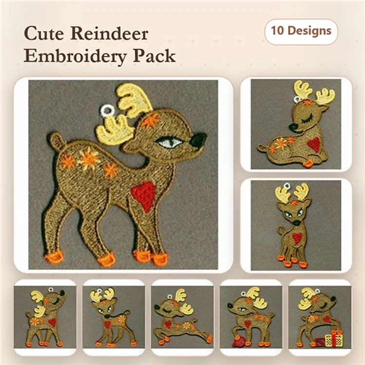 FSL Cute Reindeer Embroidery Designs Bundle – Playful Reindeer with Heart, Reindeer with Gift, & More (10 Designs)