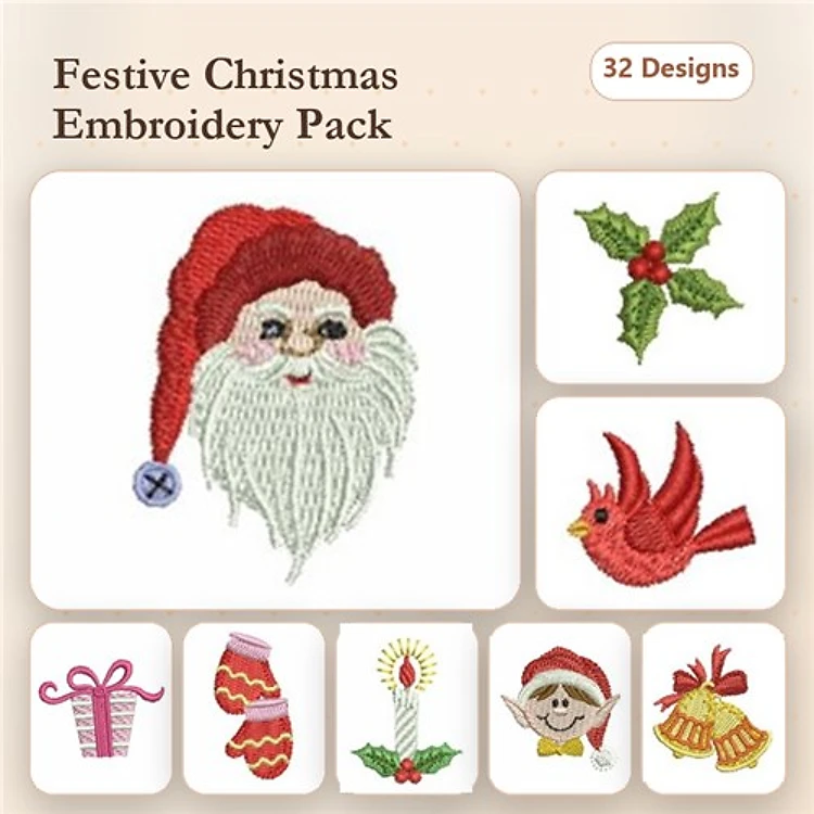 Christmas-Themed Embroidery Designs Bundle – Santa Claus, Cardinal Bird, Snowman & More (32 Designs)