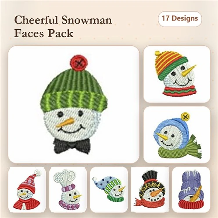 Snowman Faces Embroidery Designs Bundle – Snowman with Green Hat, Snowman with Red Hat, Snowman with Scarf & More (17 Designs)