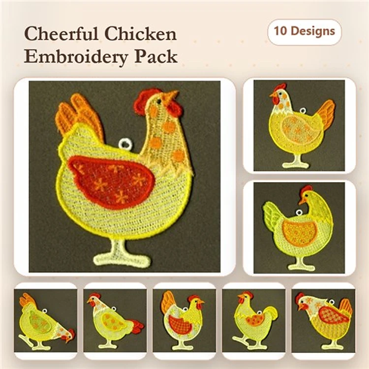 FSL Cheerful Chickens Embroidery Designs Bundle – Chicken with Flower, Chicken with Hat & More (10 Designs)