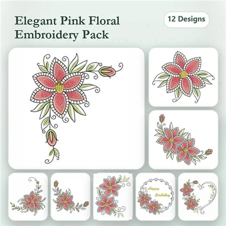 Floral Embroidery Designs Bundle – Pink Floral Arrangement, Single Pink Flower, Floral Corner Design & More (12 Designs)