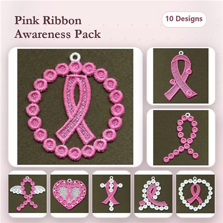 FSL Pink Ribbon Awareness Embroidery Designs Bundle – Pink Ribbon Pendant, Circle Ornament, Heart & More (10 Designs)