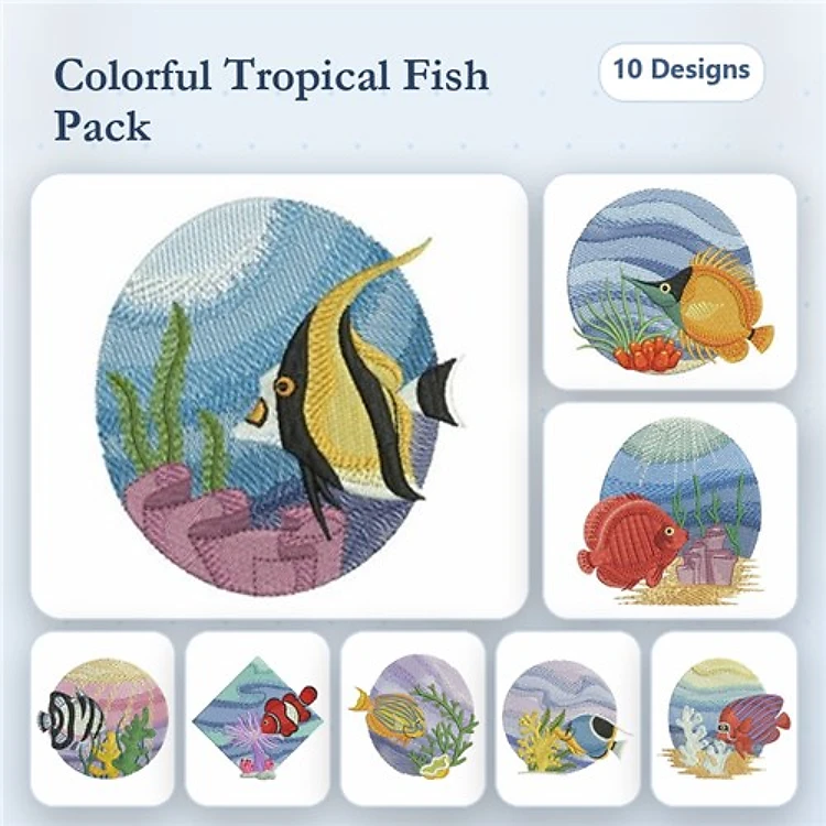 Tropical Fish Embroidery Designs Bundle – Angelfish, Clownfish, Lionfish & More (10 Designs)