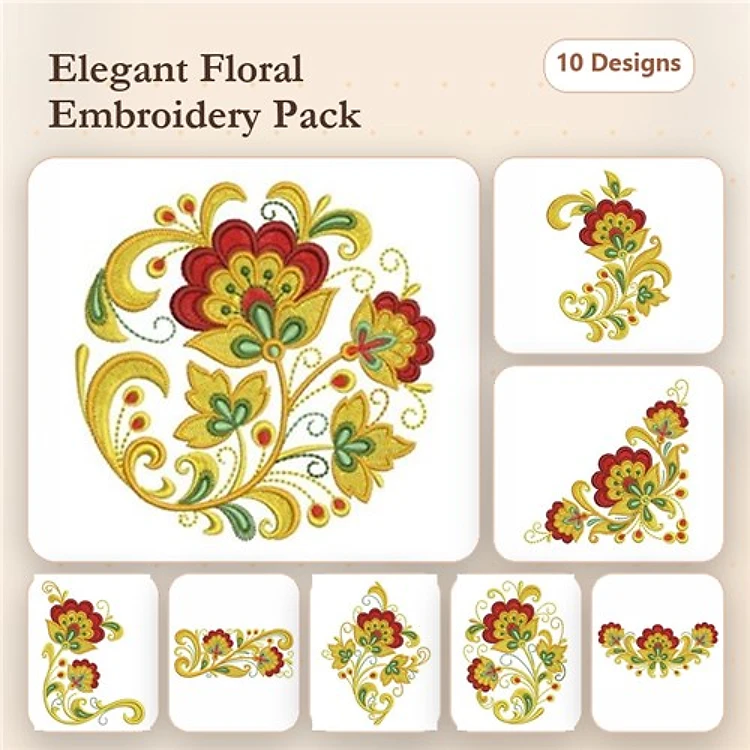 Elegant Floral Embroidery Designs Bundle – Vibrant Blooms, Swirling Shapes & More (10 Designs)