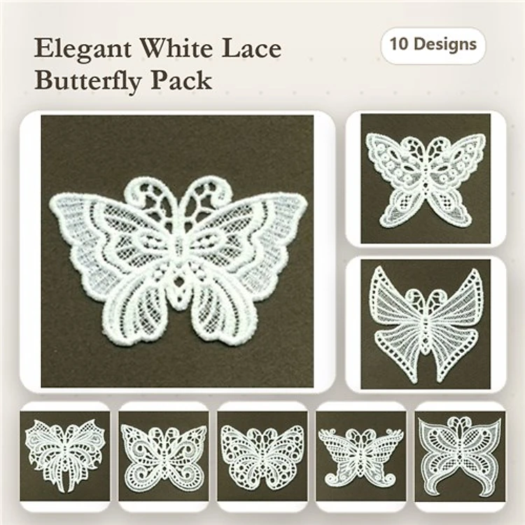 FSL Elegant White Lace Butterflies Embroidery Bundle – Butterfly Ornament 1, Butterfly Ornament 2, Butterfly Ornament 3 & More (10 Designs)
