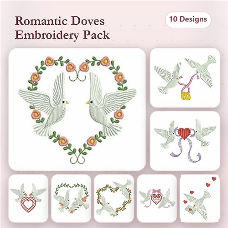 Romantic Doves Embroidery Designs Bundle – Doves in Heart with Flowers, Doves with Rings, Doves with Floral Swirls & More (10 Designs)