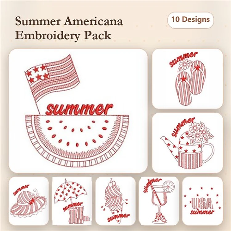 Redwork Summer Americana Embroidery Designs Bundle – Watermelon with Flag, Summer Word Art, Flip Flops & More (10 Designs)