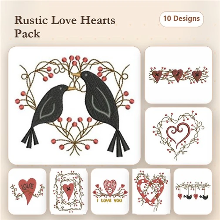 Rustic Love-Themed Embroidery Designs Bundle – Love Birds, Floral Heart, Heart with Text 'I Love You' & More (10 Designs)