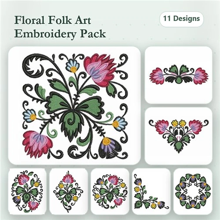 Floral Folk Art Embroidery Designs Bundle – Pink Flowers, Blue Flowers, Green Leaves & More (11 Designs)