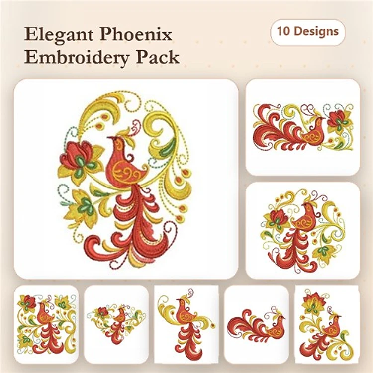 Elegant Phoenix & Floral Elements Embroidery Designs Bundle – Floral Phoenix, Ornate Phoenix, Phoenix with Swirls & More (10 Designs)