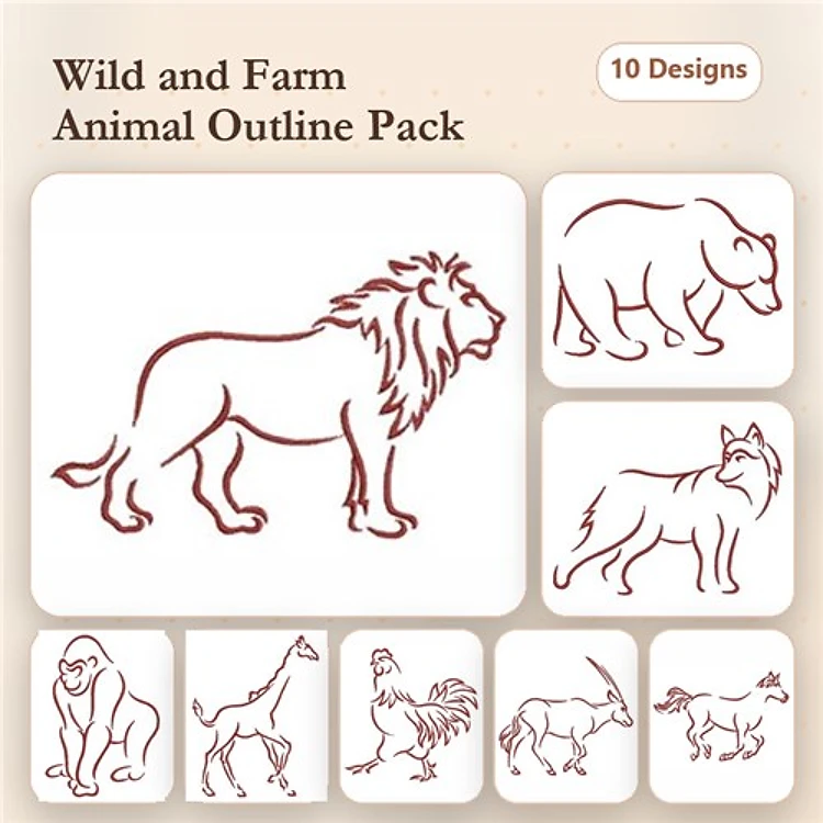 Redwork Animal Outline Embroidery Designs Bundle – Lion, Bear, Wolf & More (10 Designs)