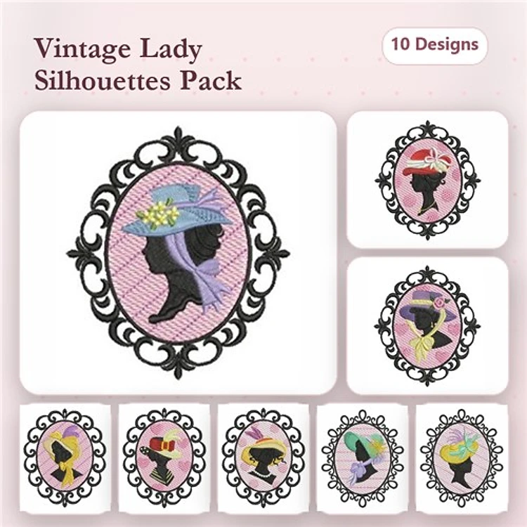 Vintage Lady Silhouettes Embroidery Designs Bundle – Elegant Ladies with Colorful Hats & More (10 Designs)
