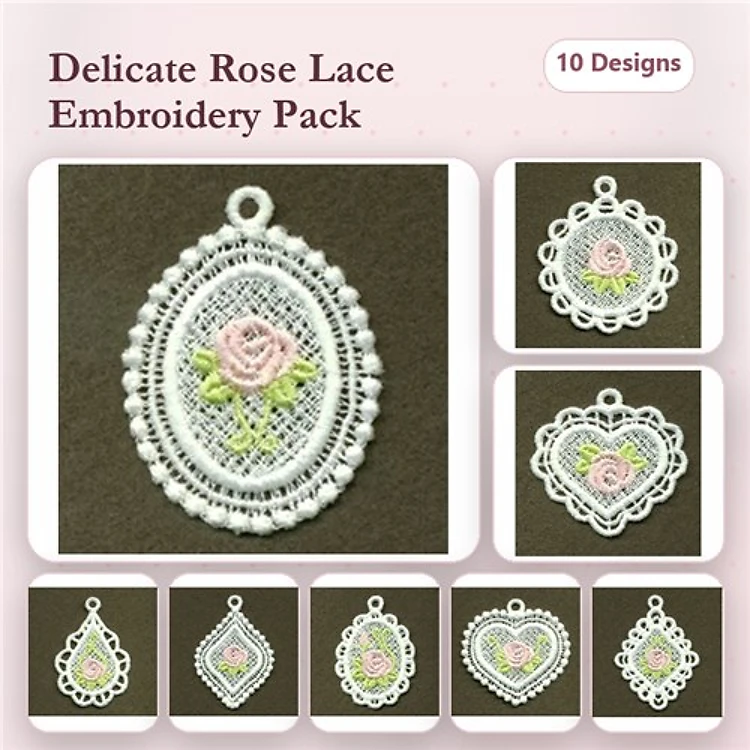 FSL Delicate Rose Lace Embroidery Designs Bundle – Oval Lace Pendant, Heart Lace Pendant, Rose Embellished Lace Pendant & More (10 Designs)