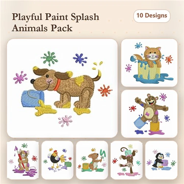 Playful Dog & Paint Splash Animals Embroidery Bundle – Fun Designs (10 Designs)