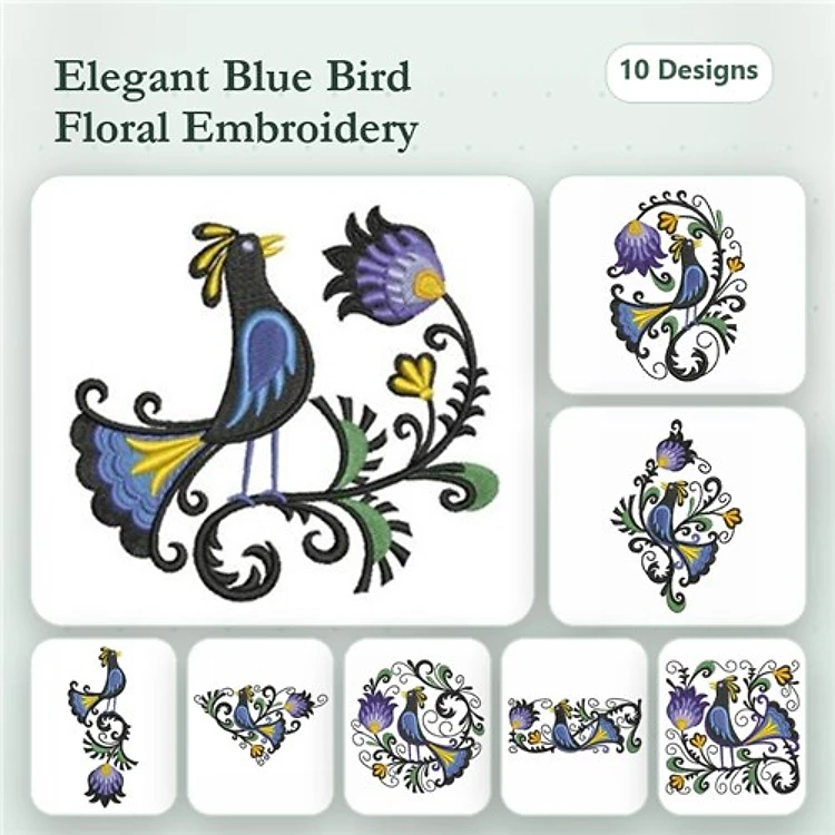 Elegant Blue Bird Embroidery Designs Bundle – Blue Bird, Floral Design with Blue Bird, Ornate Floral Design & More (10 Designs)