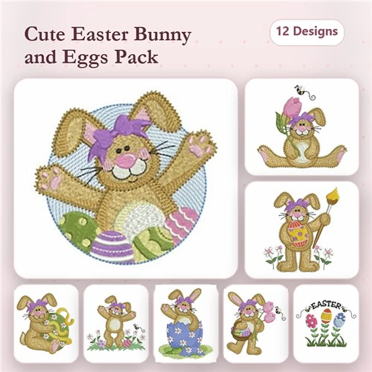 Easter Bunny Embroidery Designs Bundle – Bunny with Eggs, Bunny Holding Flower, Painting Egg & More (12 Designs)