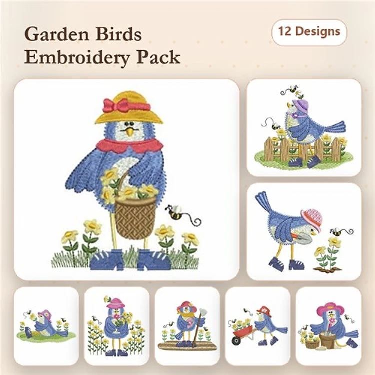 Garden Birds Embroidery Designs Bundle – Bird with Basket of Flowers, Bird in a Hat, Bird Picking Flowers & More (12 Designs)