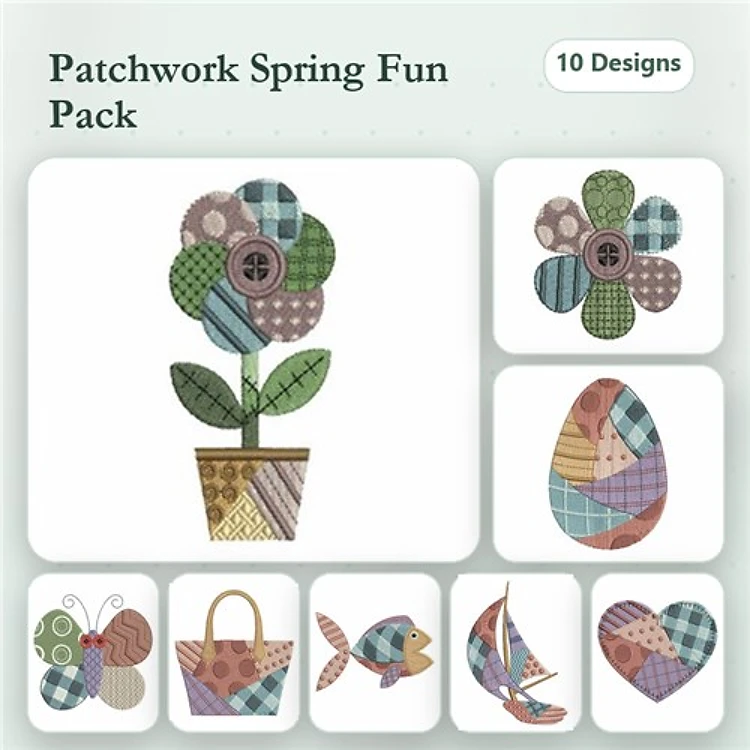 Applique Patchwork Floral Embroidery Bundle – Flower in Pot, Butterfly, Egg & More (10 Designs)