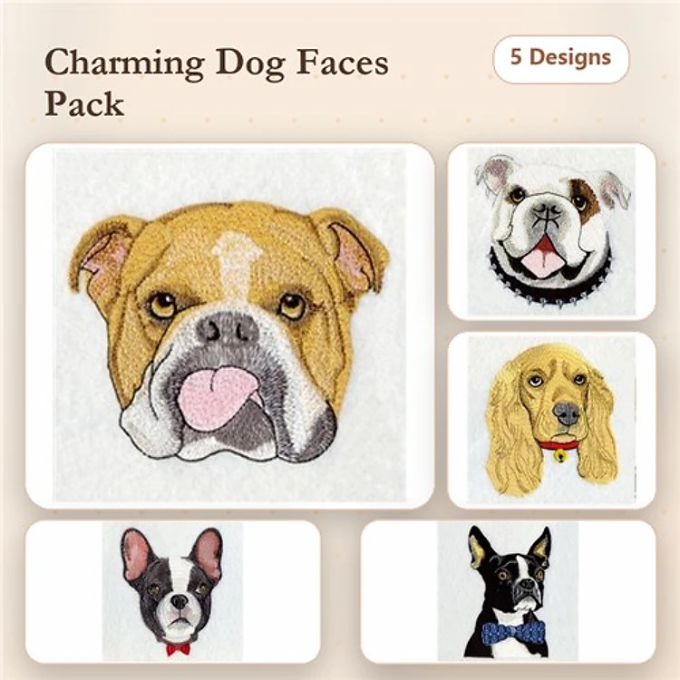 Bulldog & Cocker Spaniel Embroidery Bundle – Charming Dog Faces (5 Designs)
