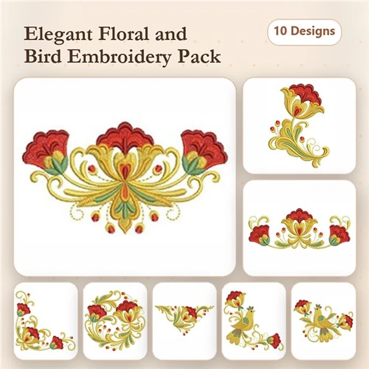 Elegant Floral & Bird Embroidery Designs Bundle – Floral Design with Birds, Flower Arrangement & More (10 Designs)