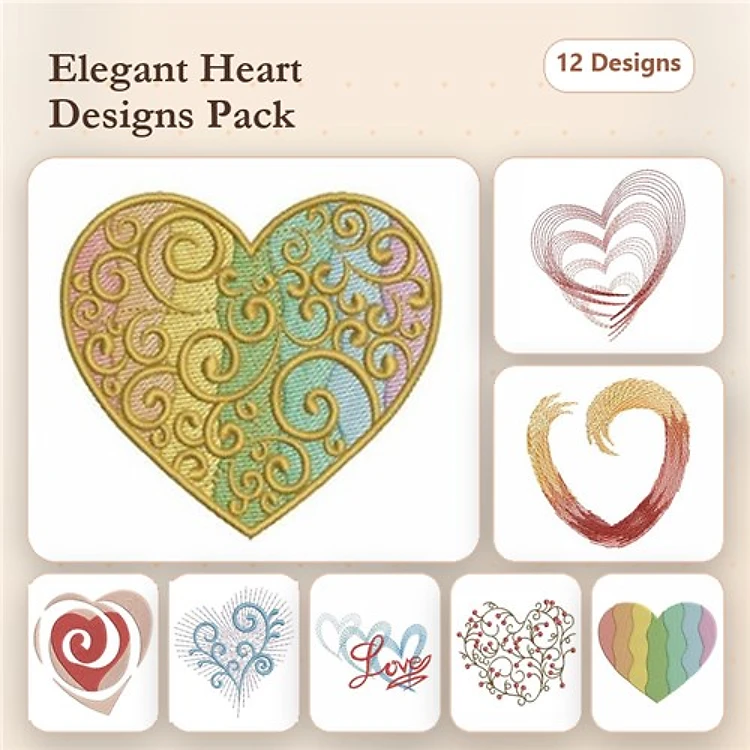 Elegant Heart Embroidery Designs Bundle – Swirly Heart, Gradient Heart, Heart with Leaves & More (12 Designs)