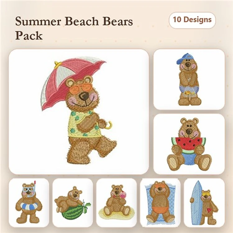 Summer Themed Bear Embroidery Designs Bundle – Bear with Umbrella, Bear in Swimsuit, Bear Holding Watermelon & More (10 Designs)