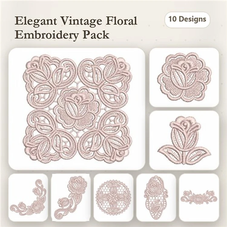 FSL Elegant Vintage Floral Embroidery Bundle – Floral Lace Motif, Rose Lace Design, Lace Flower Bundle & More (10 Designs)