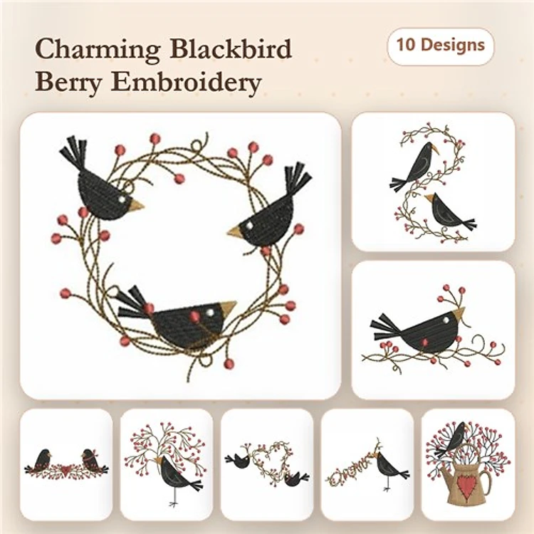 Blackbird & Berry Embroidery Bundle – Wreath, Berries, Nesting & More (10 Designs)