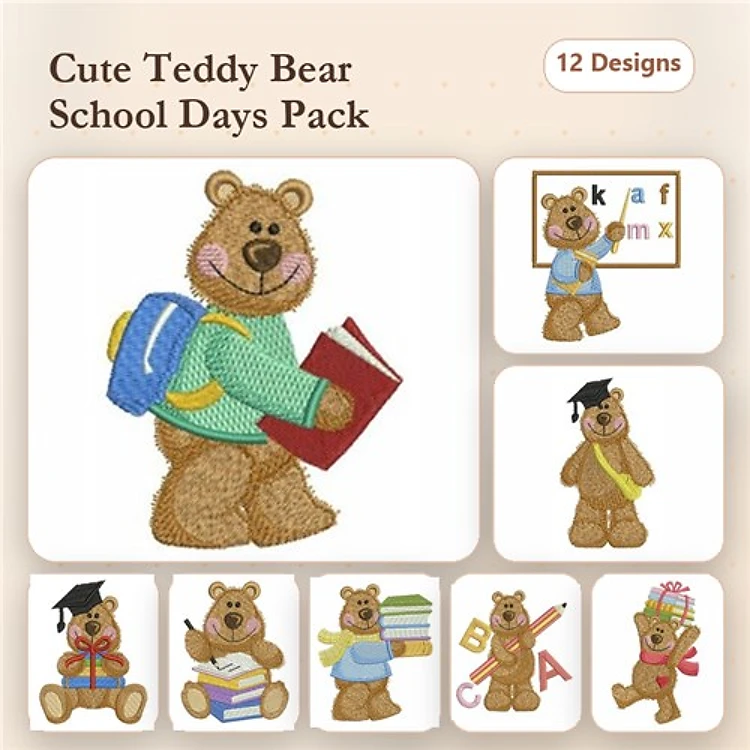 Teddy Bear School Embroidery Designs Bundle – Graduate, Backpack & Books, Crayon & More (12 Designs)