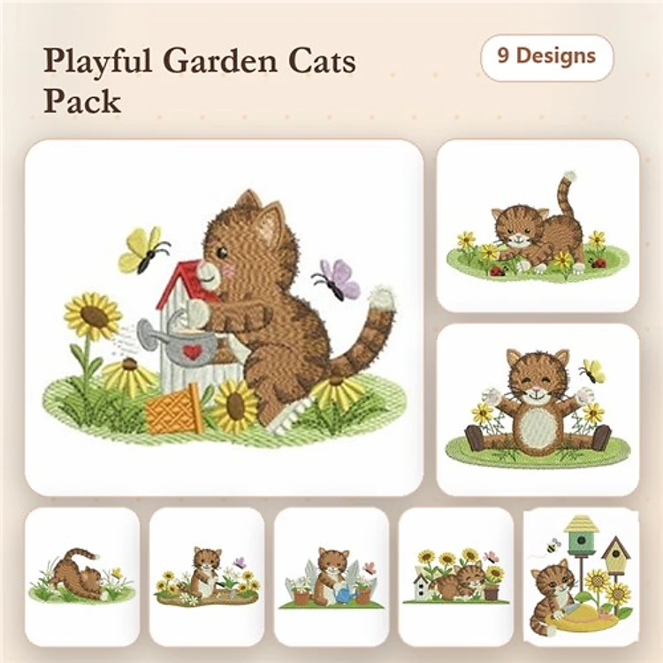 Playful Garden Cats Embroidery Designs Bundle – Cat with Birdhouse, Kitten with Flowers, Cat Playing with Butterfly & More (9 Designs)