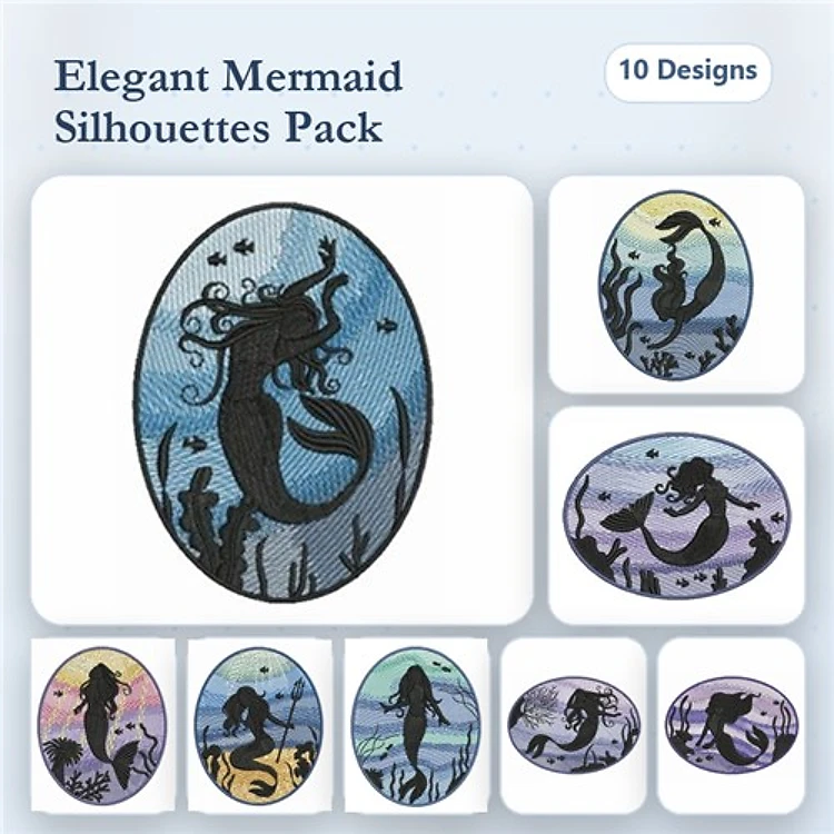Elegant Mermaid Silhouettes Embroidery Designs Bundle – Mermaid with Fish, Dancing, Underwater Scene & More (10 Designs)