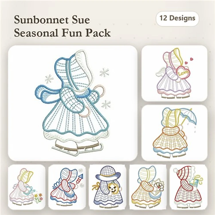 Sunbonnet Sue Embroidery Designs Bundle – Ice Skater, Sun Hat, Puppy & More (12 Designs)