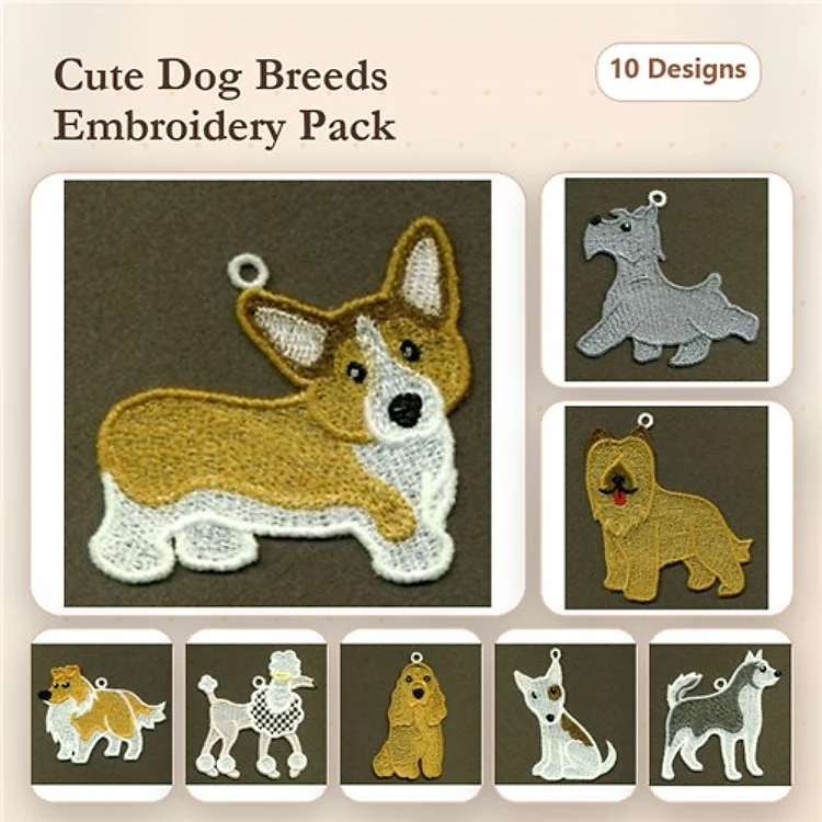 Cute Dog Breeds Embroidery Bundle – Adorable Dog Designs (10 Designs)